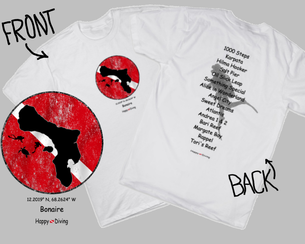 Bonaire Dive T-Shirt with dive sites listed.  1000 Steps, Something Special, Hilma Hooker.... 
