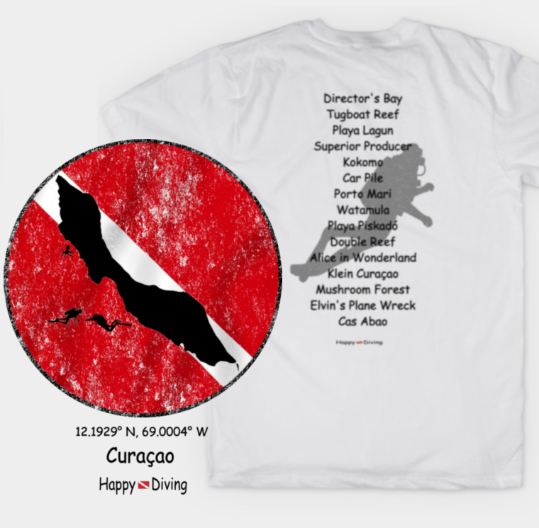 Curacao Dive T-Shirt with dive sites listed.   Superior Producer, Tugboat Reef, Mushroom Forest... 