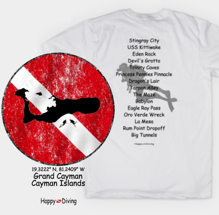 Grand Cayman Dive T-Shirt with dive sites listed.   Stingray City, Kittiwake, Eagle Ray Pass....  